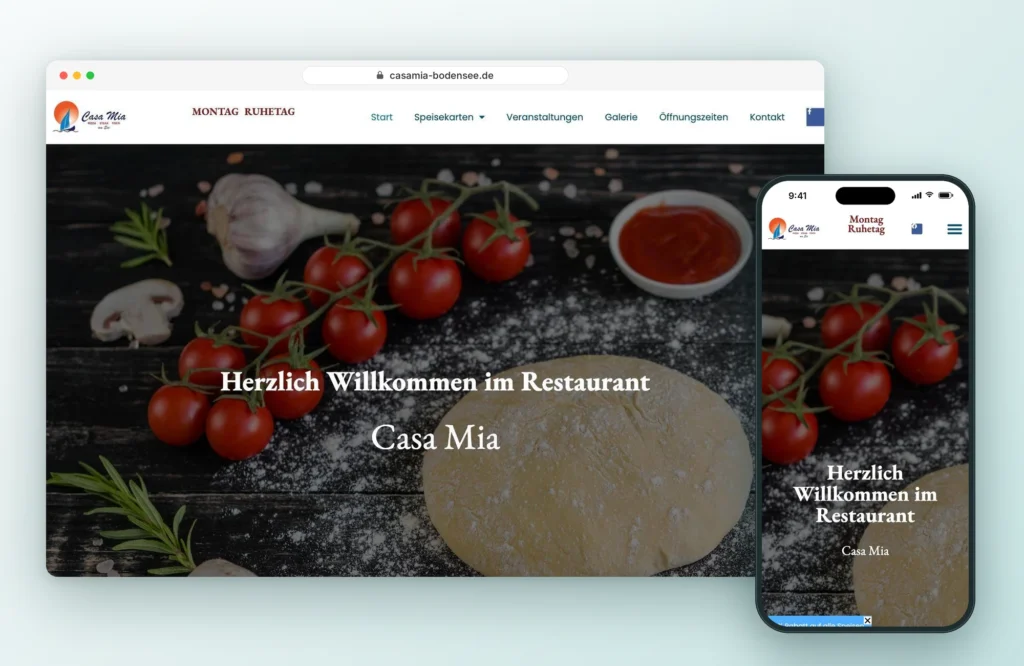 Website vom Café-Restaurant CASA MIA in Allensbach am Bodensee auf Laptop und Smartphone, Webdesign von LEOSA