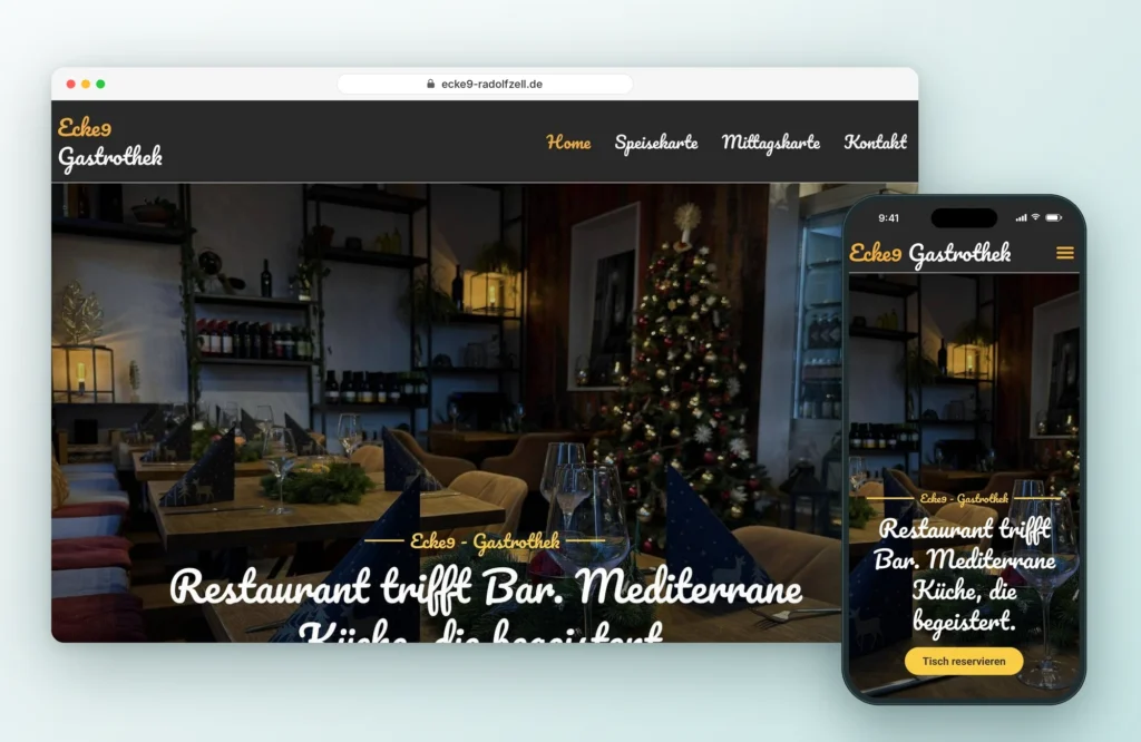 Website der Ecke9 Gastrothek in Radolfzell am Bodensee auf Laptop und Smartphone, Webdesign von LEOSA