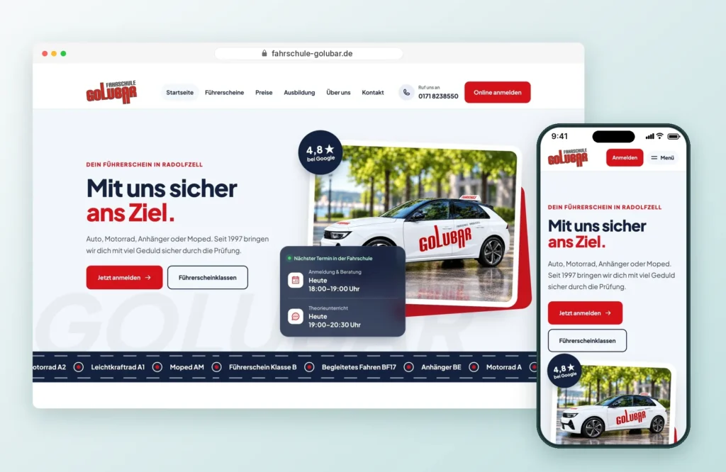 Website der Fahrschule Golubar in Radolfzell auf Laptop und Smartphone, Webdesign von LEOSA