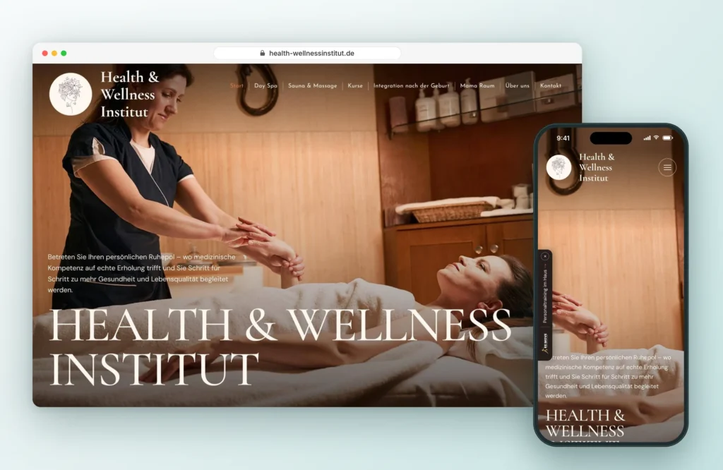 Website des Health & Wellness Institut in Karben auf Laptop und Smartphone, Webdesign und Buchungssystem von LEOSA