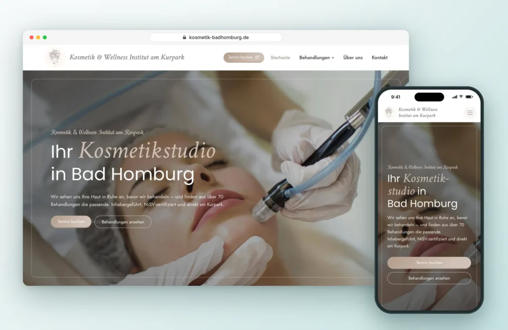 Website des Kosmetik & Wellness Institut am Kurpark in Bad Homburg auf Laptop und Smartphone, Webdesign von LEOSA