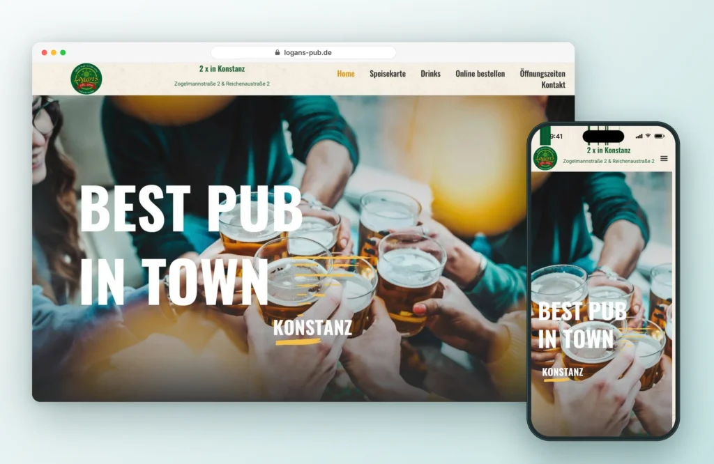 Website von Logan’s Irish Pub in Konstanz auf Laptop und Smartphone, Webdesign von LEOSA
