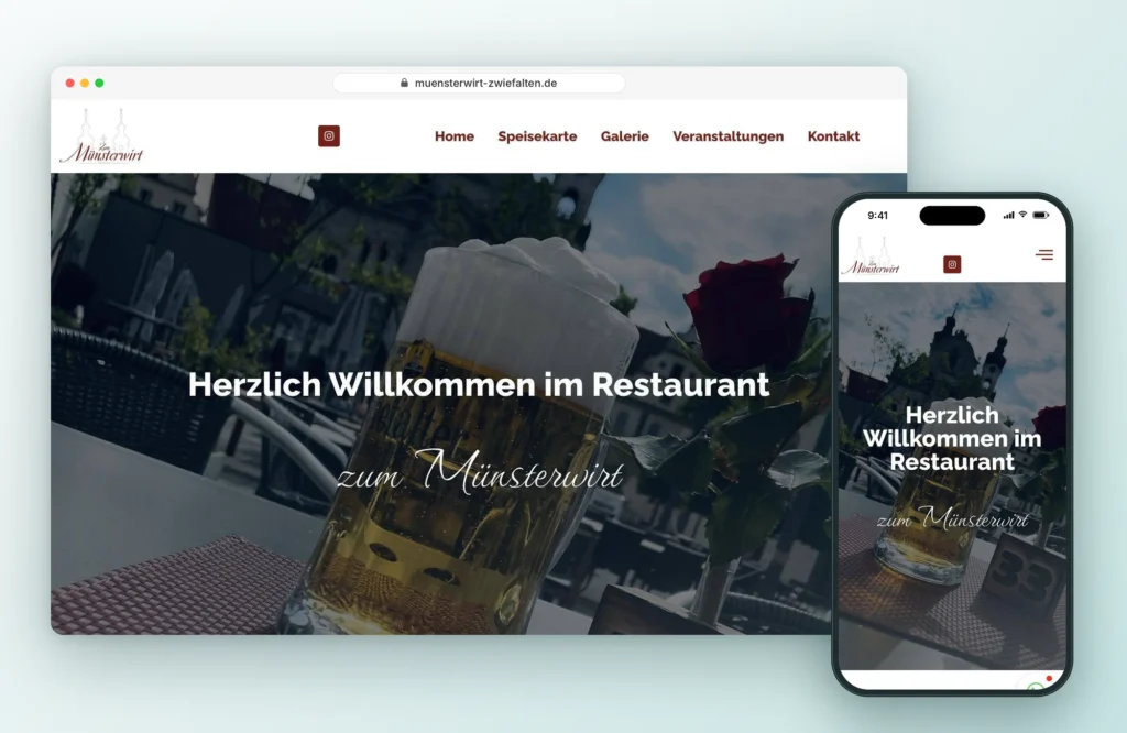Website vom Restaurant zum Münsterwirt in Zwiefalten auf Laptop und Smartphone, Webdesign von LEOSA