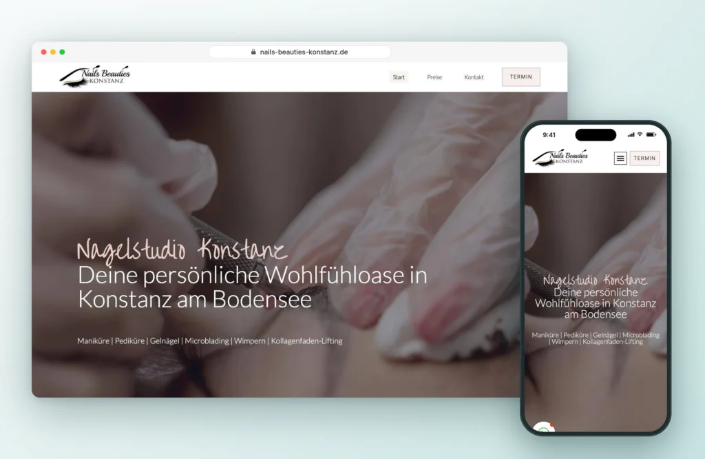 Website vom Nagelstudio Nails Beauties in Konstanz auf Laptop und Smartphone, Webdesign von LEOSA