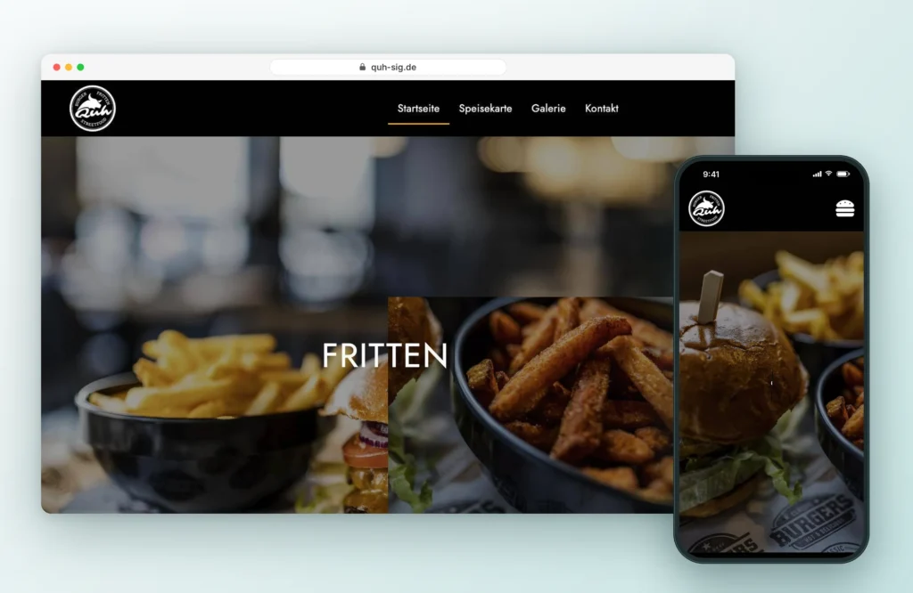 Website der Burger-Bar Quh in Sigmaringen auf Laptop und Smartphone, Webdesign von LEOSA